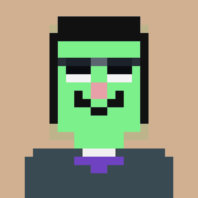 A simple pixel art portrait depicts a character having bright green skin, black hair, dark eyes, and wearing a black suit with a purple tie against a peach background.