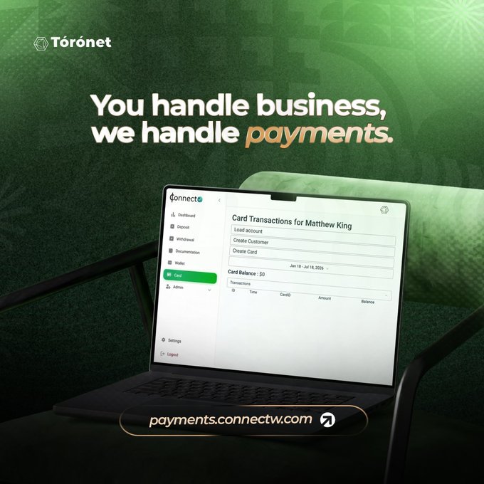 An advertisement for Tórónet's Connecto payment platform displayed on a laptop screen, featuring the tagline 'You handle business, we handle payments' and the URL payments.connectw.com.