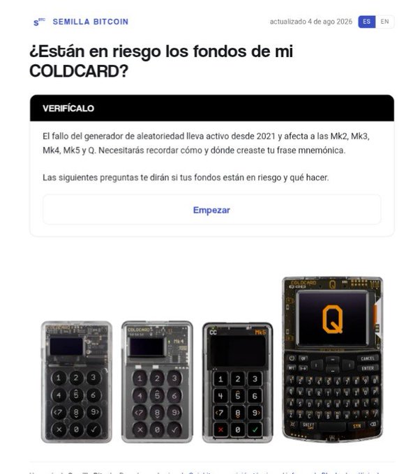 The image shows a webpage from "Semilla Bitcoin" warning about a COLDCARD hardware wallet vulnerability titled "¿Están en riesgo los fondos de mi COLDCARD?" (Are my COLDCARD funds at risk?), noting that a randomness generator flaw has affected Mk2, Mk3, Mk4, Mk5, and Q models since 2021. The post references urgency ("7 days from the start of the storm"), encouraging COLDCARD owners to check if their funds are at risk, aligning with the page's warning to recall how and where you created your seed phrase.