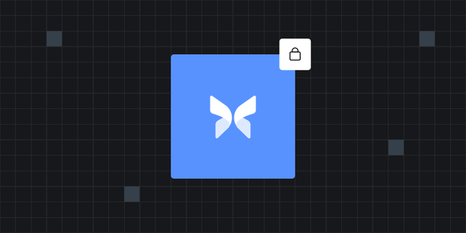 A blue square with a white geometric logo, accompanied by a small white lock icon in the upper right corner, displayed on a dark grid background.