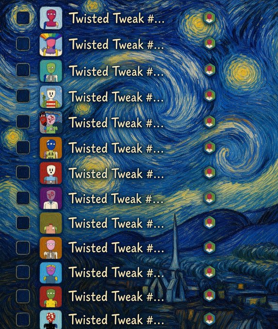 A list of multiple NFT entries all titled 'Twisted Tweak #' displayed over a Van Gogh 'Starry Night' background, each with a unique cartoon avatar.