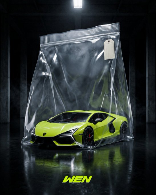 Concept art of a lime green Lamborghini Revuelto inside a clear plastic ziplock bag with a tag, displayed in a dark industrial setting, branded with the 'WEN' meme token logo.