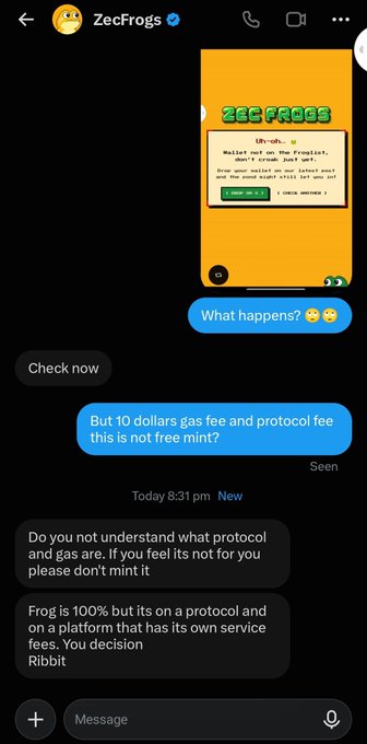 A Telegram chat screenshot with 'ZecFrogs' discussing gas and protocol fees for a mint, with the admin stating 'Frog is 100% but its on a protocol... You on decision Ribbit'.
