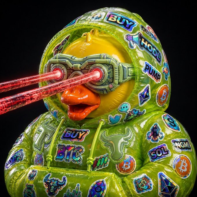 A 3D-rendered yellow duck wearing a green puffer jacket covered in cryptocurrency and finance stickers (BUY, HODL, PUMP, BTC, SOL, ETH) and VR-style goggles shooting red laser beams.