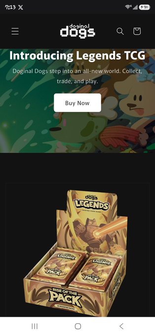 A mobile app screen for 'Doginal Dogs' promotes their 'Introducing Legends TCG' with the tagline 'Doginal Dogs step into an all-new world. Collect, trade, and play.' and a 'Buy Now' button above a display box of card packs.