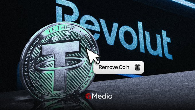 A Tether (USDT) cryptocurrency coin displayed against a dark screen with 'Revolut' branding, showing a cursor hovering with a 'Remove Coin' tooltip.