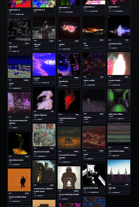 A screenshot of a webpage or app displaying a grid of various video thumbnails with surreal, dark, and abstract imagery including titles like 'absolutely cinema', 'connection dots', 'mirror conflict', 'extinction', and 'stand out'.