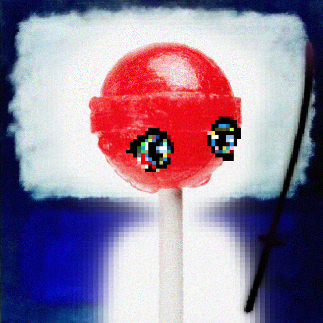 A blurry, low-resolution image showing a red spherical object with pixelated sunglasses on a white stick against a blue background.