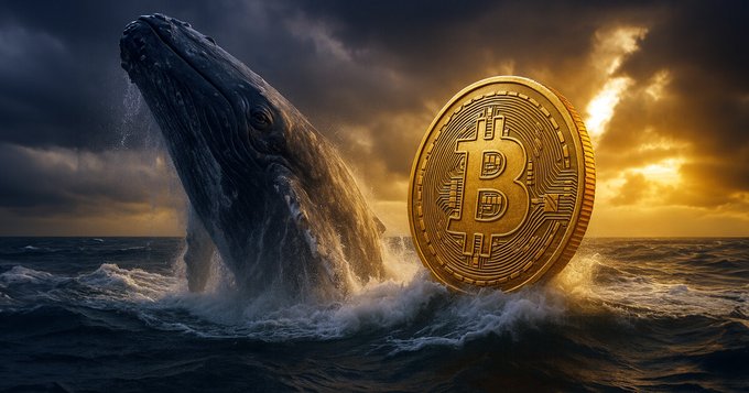 Dramatic image of a large whale breaching ocean waves next to a giant golden Bitcoin coin against a cloudy sunset sky.
