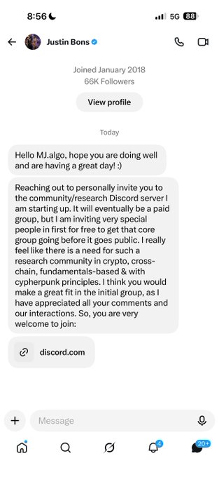 A screenshot of an Instagram DM from 'Justin Bons' (66K Followers) personally inviting the recipient to join a community/research Discord server related to crypto and cyberpunk.