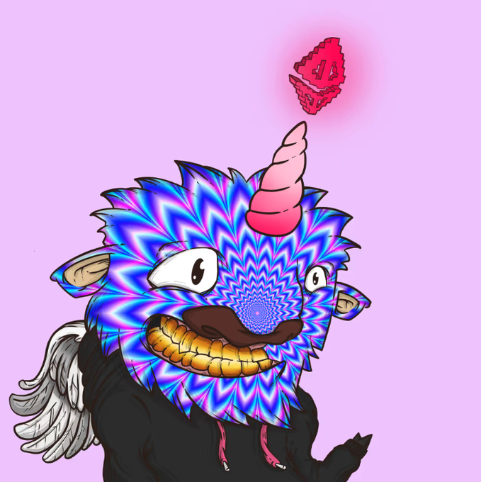 A psychedelic digital illustration of a creature with a spiraling, hypnotic blue and pink mane, a unicorn horn, large gold teeth, a black hoodie, and angel wings, set against a pink background with a floating red heart.