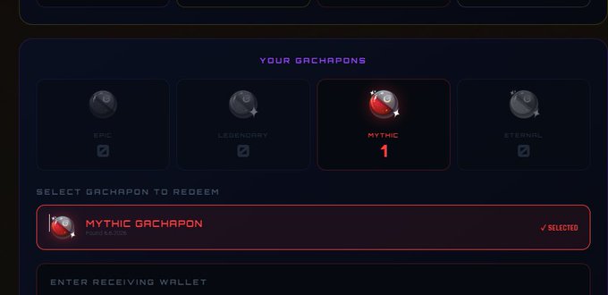 The image shows a computer screen displaying a game interface with various buttons, including a "Select" button labeled "Mythic Brechapon" and an "Enter receiving wallet" option. The background of the image is dark blue, which contrasts with the red text on the screen. The post in the image reads: "Yo @Moonlyght_eth RNG blessed me".