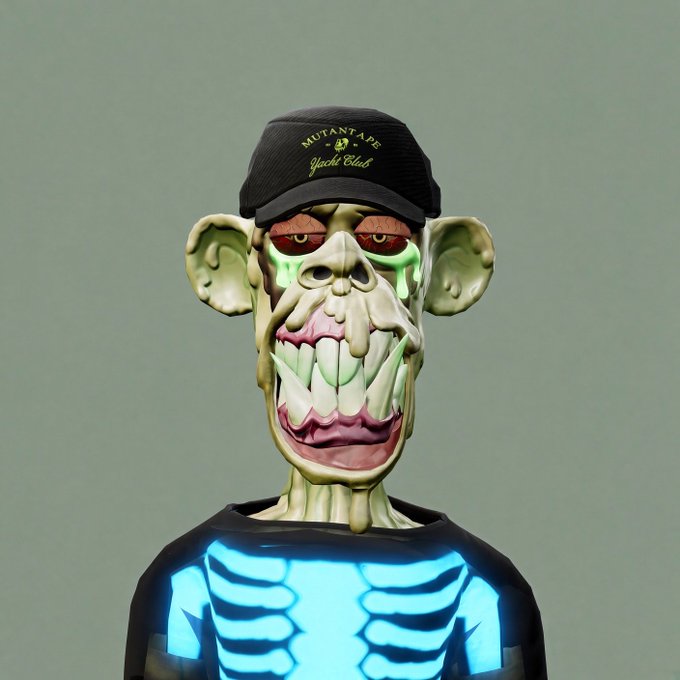A 3D digital sculpture depicts a grotesque, zombie-like monkey character wearing a black cap that says 'MUTANTAPE Yacht Club' and a black shirt with a glowing blue skeleton ribcage design.