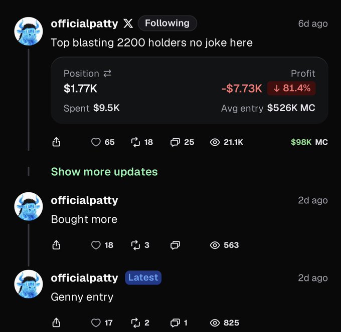 A social media post by user 'officialpatty' (Following) showing cryptocurrency trading results with 'Position $1.77K', 'Spent $9.5K', 'Profit -$7.73K ↓ 81.4%', 'Avg entry $526K MC', and '$98K MC', with the caption 'Top blasting 2200 holders no joke here'.