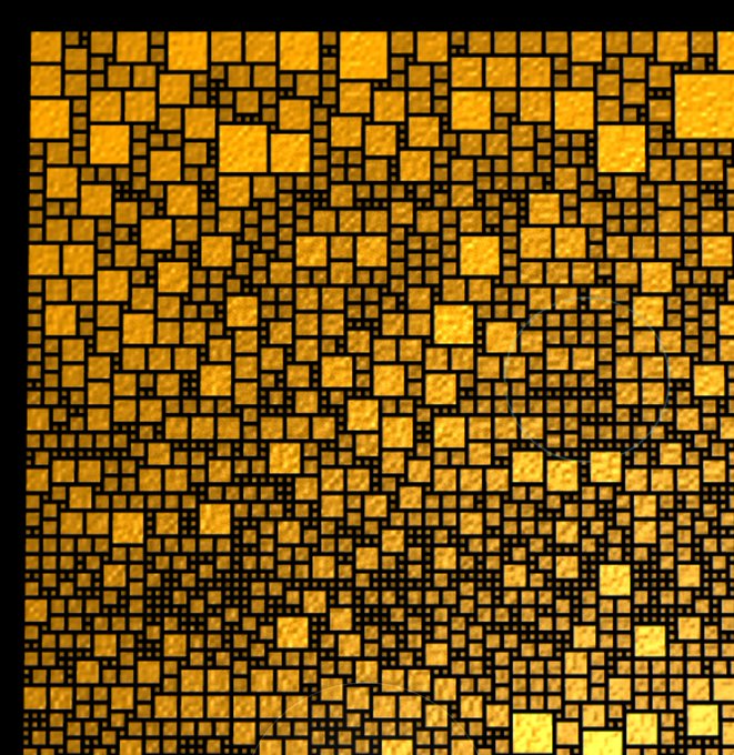 An abstract digital artwork featuring a grid of randomly sized gold squares on a black background.