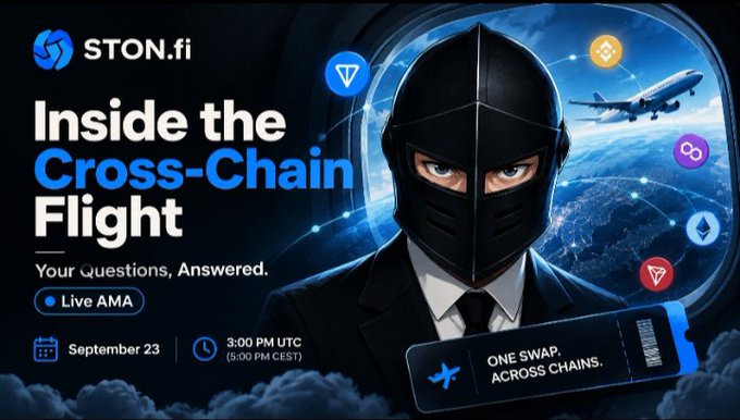 A promotional graphic for STON.fi advertising 'Inside the Cross-Chain Flight: Your Questions, Answered. Live AMA' on September 23 at 3:00 PM UTC, featuring an illustrated figure wearing a black ninja-style mask.