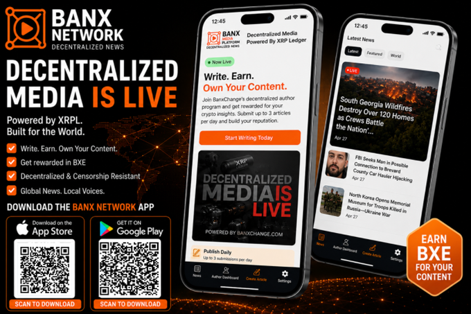 The image shows two phones with a banner that says "Decentralized Media Is Live" above them. The phones are displayed against a black background, making the text stand out. Below the phones, there's an advertisement for a new app called "Global news." It appears to be a platform where users can access and share news articles from various sources around the world. The app is powered by Bitcoin, which allows for instant global payments and offers a decentralization feature that ensures privacy and security.