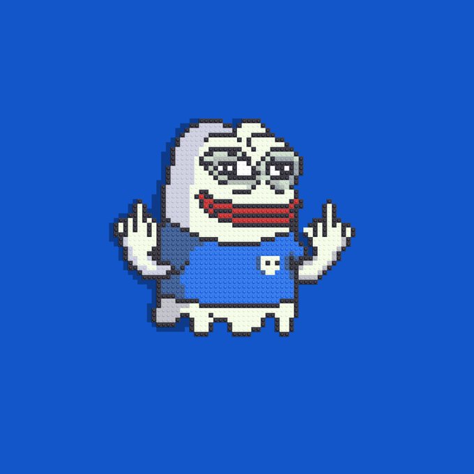Pixel art of a pale figure with glasses and a red mouth on a blue background, rendered in a LEGO-like mosaic style.