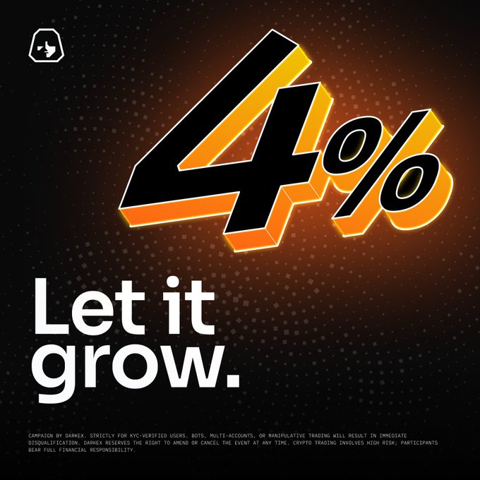 A promotional graphic displaying '4%' in large stylized text with the tagline 'Let it grow.' and small disclaimer text referencing 'DARKEX' and 'KYC-VERIFIED USERS.'