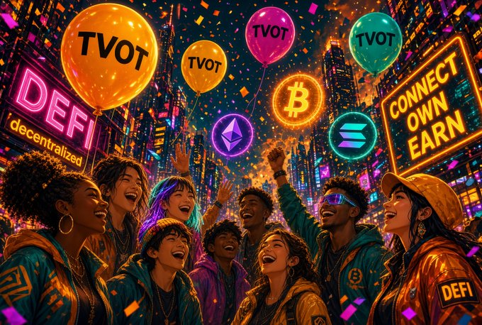Vibrant digital illustration of a diverse group celebrating in a neon city street, with balloons displaying 'TVOT', Bitcoin and Ethereum logos floating above, alongside signs reading 'DEFI decentralized', 'CONNECT OWN EARN', and 'DEFI'.