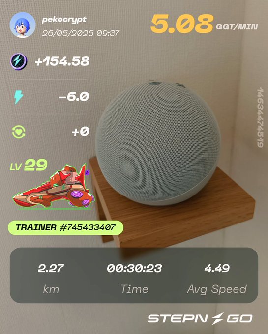 The image shows a white speaker with a picture of a red car on top, placed on a wooden shelf or table. The speaker has a screen displaying information about its usage, including the number of steps taken during a workout session. This suggests that the speaker is being used as an exercise device to track physical activity and provide motivation for users through visual feedback like the red car image.