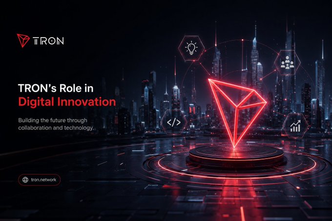 A promotional graphic for 'TRON' titled 'TRON's Role in Digital Innovation' featuring a glowing red TRON logo surrounded by tech and growth icons against a futuristic cityscape.
