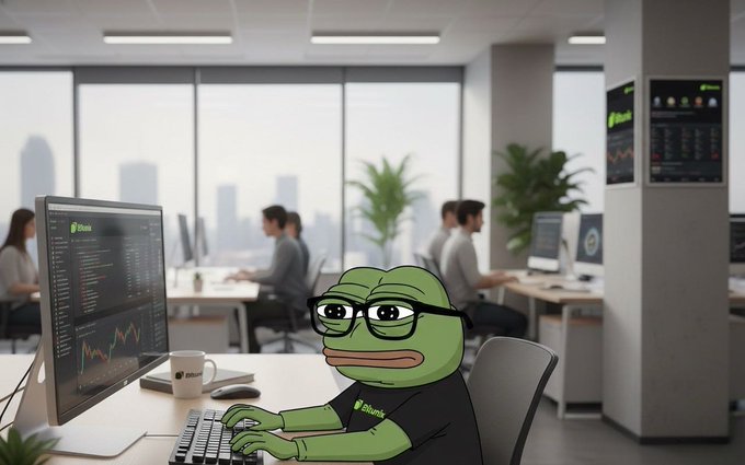 A Pepe frog wearing a "Bitmama" shirt works at a desk with a cryptocurrency chart, embodying a "GM CT Happy new week" message in a crypto trading office