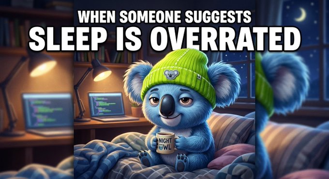 A meme featuring a cartoon koala wearing a green beanie and holding a 'Night Owl' mug, sitting in bed next to a laptop with code on the screen. Text at the top reads: 'WHEN SOMEONE SUGGESTS SLEEP IS OVERRATED.'
