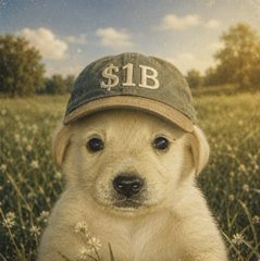 An adorable golden retriever puppy wearing a green baseball cap with '$1B' embroidered on it, sitting in a field of white wildflowers with a dreamy, sunlit background.