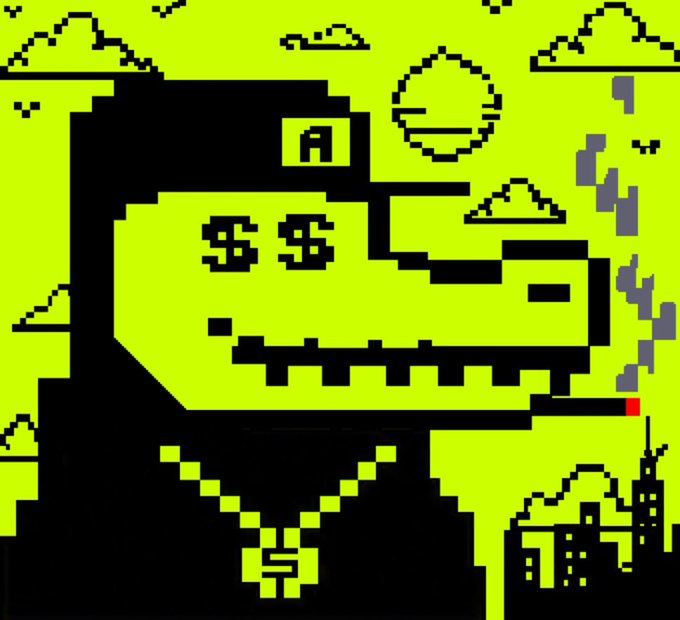 A pixel-art crocodile/dinosaur character with dollar signs for eyes wears a black hat with an "A" logo and a gold chain with a "$" pendant, set against a green background with clouds and a city skyline, visually reinforcing the giveaway theme of free crypto/NFT prizes being offered in the post.