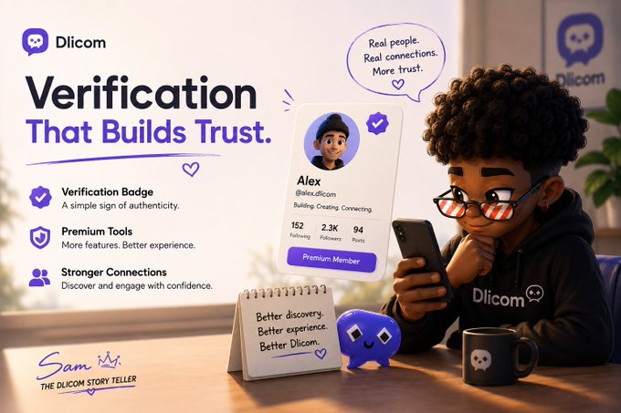 A promotional graphic for 'Dlicom' titled 'Verification That Builds Trust,' featuring a 3D animated character with glasses and curly hair, listing features like Verification Badge, Premium Tools, and Stronger Connections, signed 'Sam - The Dlicom Story Teller.'