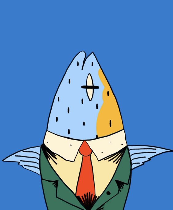 A cartoon illustration features a fish-headed character wearing a green suit jacket, white shirt, and red tie against a blue background.
