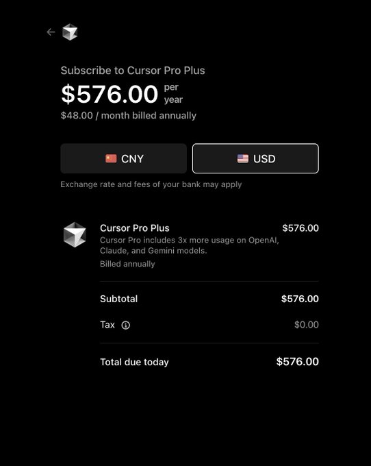 A screenshot of a subscription page for 'Cursor Pro Plus' priced at $576.00 per year ($48.00/month), with options to pay in CNY or USD.