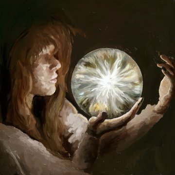A painting of a young woman with auburn hair in profile, holding a glowing, star-like orb of light between her hands against a dark background.
