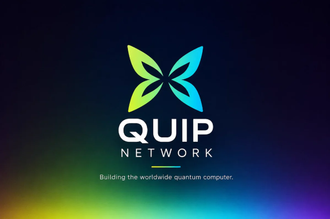 A logo for 'QUIP NETWORK' featuring a green and blue butterfly design with the tagline 'Building the worldwide quantum computer.'
