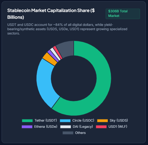 A donut chart showing the $306B stablecoin market capitalization share, dominated by Tether (USDT) and USDC at ~84%, with smaller segments for USDS, USDe, DAI, USD1, and others. The visualization directly supports the post's claim of USDT and USDC's overwhelming dominance while highlighting the smaller, specialized yield-bearing stablecoins as the "structural shift" worth watching.
