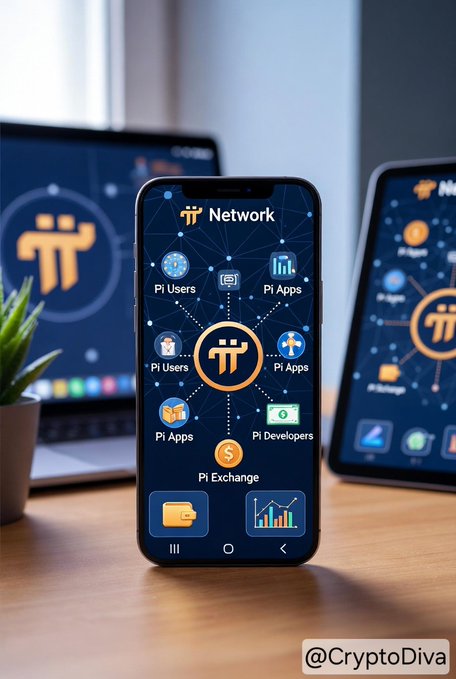 A smartphone displayed on a wooden desk shows the Pi Network app interface featuring categories like "Pi Users," "Pi Apps," "Pi Developers," and "Pi Exchange" arranged around the central Pi logo on a dark blue network-themed background, with a laptop and tablet displaying similar Pi Network branding in the blurred background alongside a small potted plant, while the image's connection to the accompanying post about the U.S. Senate's CLARITY Act vote, Federal Reserve interest-rate decision, and Bitcoin's position near $77,000–$78,000 remains unclear as the visual focuses solely on the Pi Network ecosystem rather than these crypto regulatory and monetary events; the watermark "@CryptoDiva" appears in the bottom right corner.