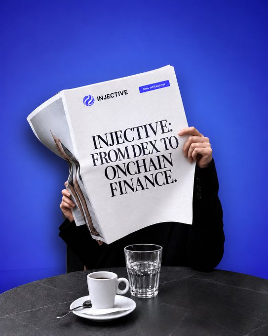 Person reading a newspaper with the headline 'INJECTIVE: FROM DEX TO ONCHAIN FINANCE.' while sitting at a table with coffee and water glasses against a blue background.