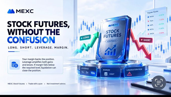 MEXC cryptocurrency exchange advertisement banner titled 'STOCK FUTURES, WITHOUT THE CONFUSION' promoting Long/Short/Leverage/Margin trading features with a 'Popular Stocks' panel showing NVDA, TSLA, AAPL, META, and AMZN.