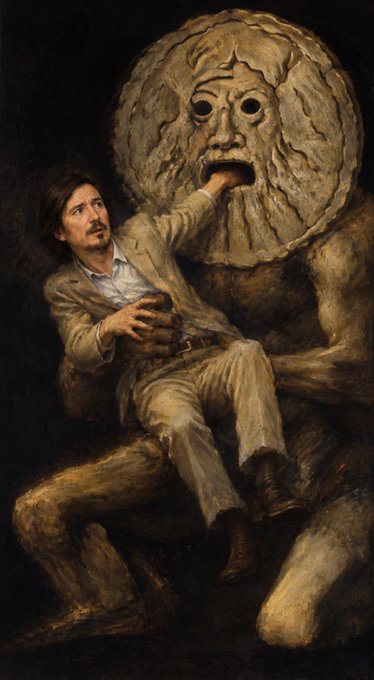 A dark, surreal painting of a terrified man in a beige suit being held by a large, grotesque creature with a giant, textured face.