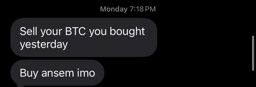 A text message screenshot dated "Monday 7:18 PM" reads "Sell your BTC you bought yesterday" followed by "Buy ansem imo," which corresponds to the post crediting @CryptoGodJohn for the $ANSEM call that gained 50% since that Monday.