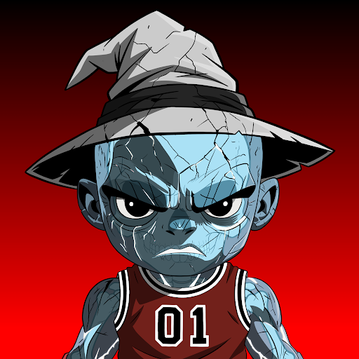 A cartoon zombie character wearing a wizard hat and a red basketball jersey with the number "01" on a red background.