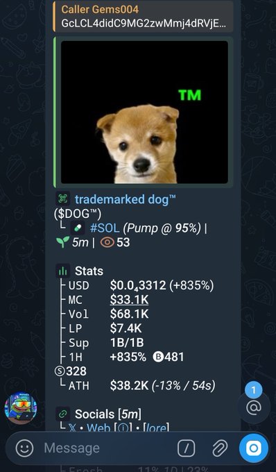 A Telegram chat showing the 'trademarked dog' ($DOG) token page with stats including USD $0.0,3312 (+835%), MC $33.1K, and social links for a memecoin project.