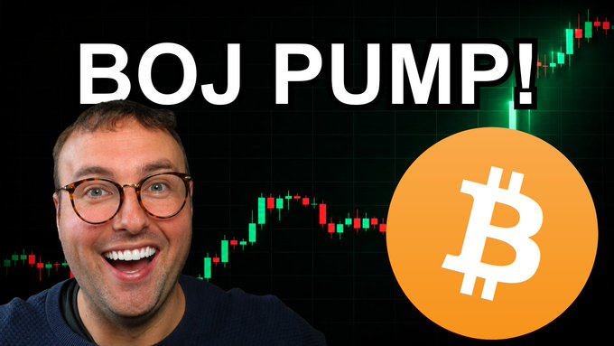 A YouTube thumbnail featuring an excited man with glasses against a candlestick chart background with bold white text "BOJ PUMP!" and a large orange Bitcoin logo.