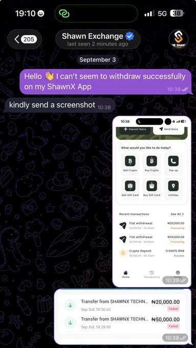 A screenshot of a Telegram chat with "Shawn Exchange" support where the user reports withdrawal issues on the ShawnX app, sharing a screenshot of their failed transactions showing ₦20,000.00 and ₦50,000.00 transfers from "SHAWNX TECHN..." that were marked as "Failed," along with their message "Hello 👋 I can't seem to withdraw successfully on my ShawnX App, kindly send a screenshot."