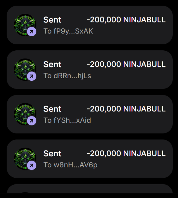 The image shows a series of four transactions, each labeled "Sent" for "-200,000 NINJABULL" to different truncated Solana wallet addresses (fP9y...SxAK, dRRn...hjLs, fYSh...xAid, w8nH...AV6p). This appears to be a screenshot documenting airdrop distribution, where the poster is sending 200,000 NINJABULL tokens to participants of their claimed 555-wallet giveaway, supporting the post's promise to fulfill airdrop rewards to those who engage with their pinned post.