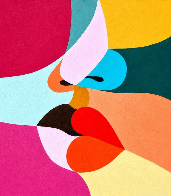 The image features an abstract painting of a woman's face with a unique style that resembles a face or a portrait, made up of various shapes and colors including pink, blue, green, orange, and yellow. The painting has been created using a technique called "collage" where different elements are combined to form the final artwork. The artist has used this method to create an interesting and visually appealing piece that captures the viewer's attention.
