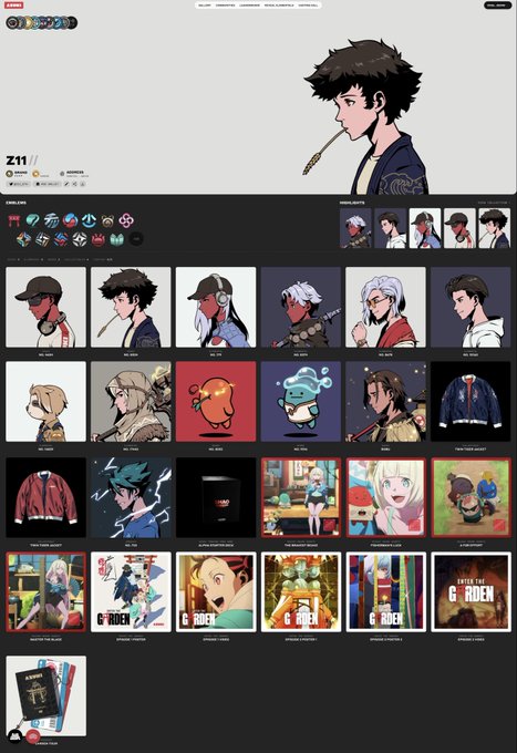 A webpage from Z11 features a profile for a dark-haired anime character smoking a cigarette, with a grid of character merchandise and apparel below, including designs labeled 'NEON Z11', 'G-ROCK', and 'ENTER THE GARDEN'.