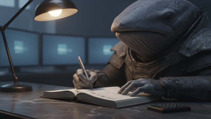Anthropomorphic shark wearing leather armor meticulously writes in a journal at a dimly lit desk with computer monitors in the background. The image symbolizes the predatory nature of financial markets, visually representing the post's theme of investors being "harvested" by larger players in crypto trading rather than simply making mistakes.