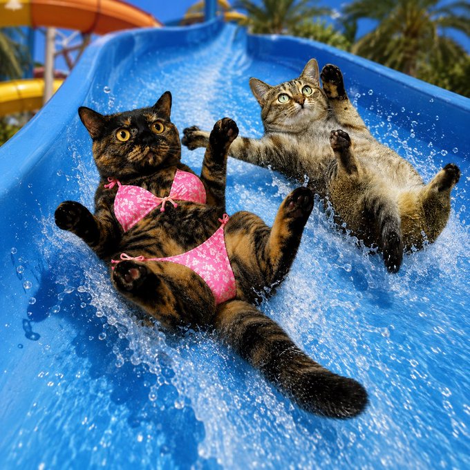 Two cats appear to be sliding down a blue water slide; one is a tortoiseshell wearing a pink bikini, and the other is a tabby lying on its back, both with surprised expressions.